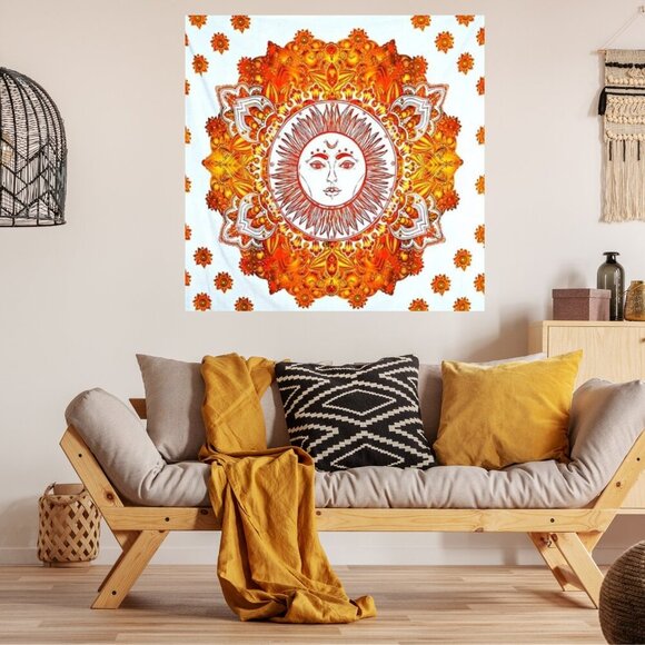 BRAND NEW Queen Size Large Cotton Cosmic Sun Stars Orange Gold Boho Tapestry - Picture 4 of 4